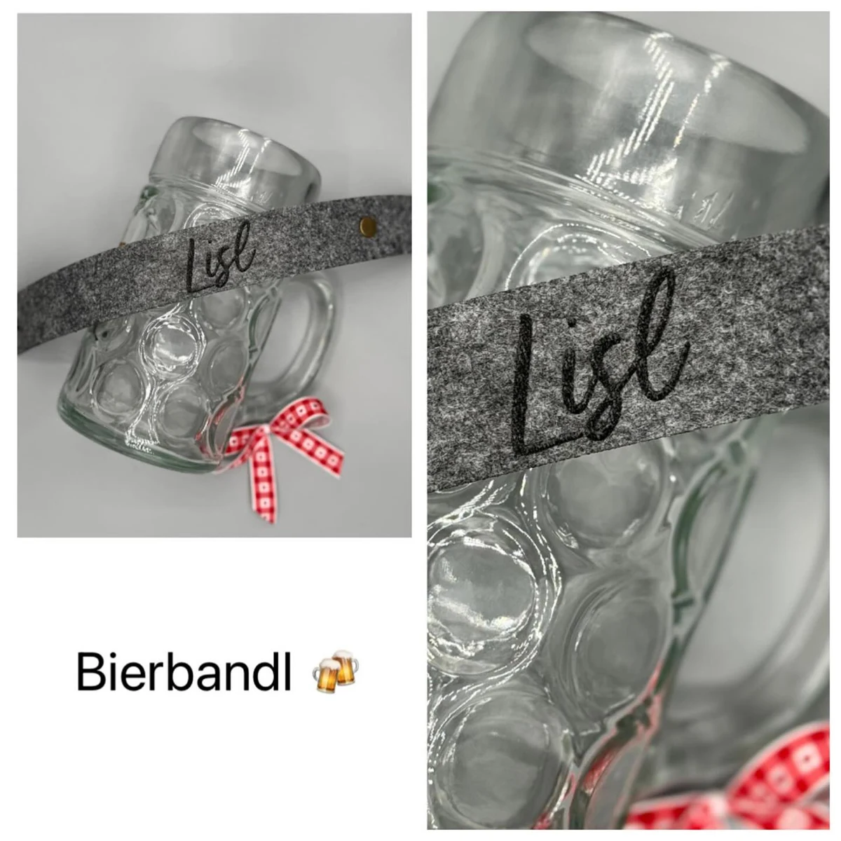 Personalisierte Bierbandl mit dem Namen Lisl an einem Bierkrug